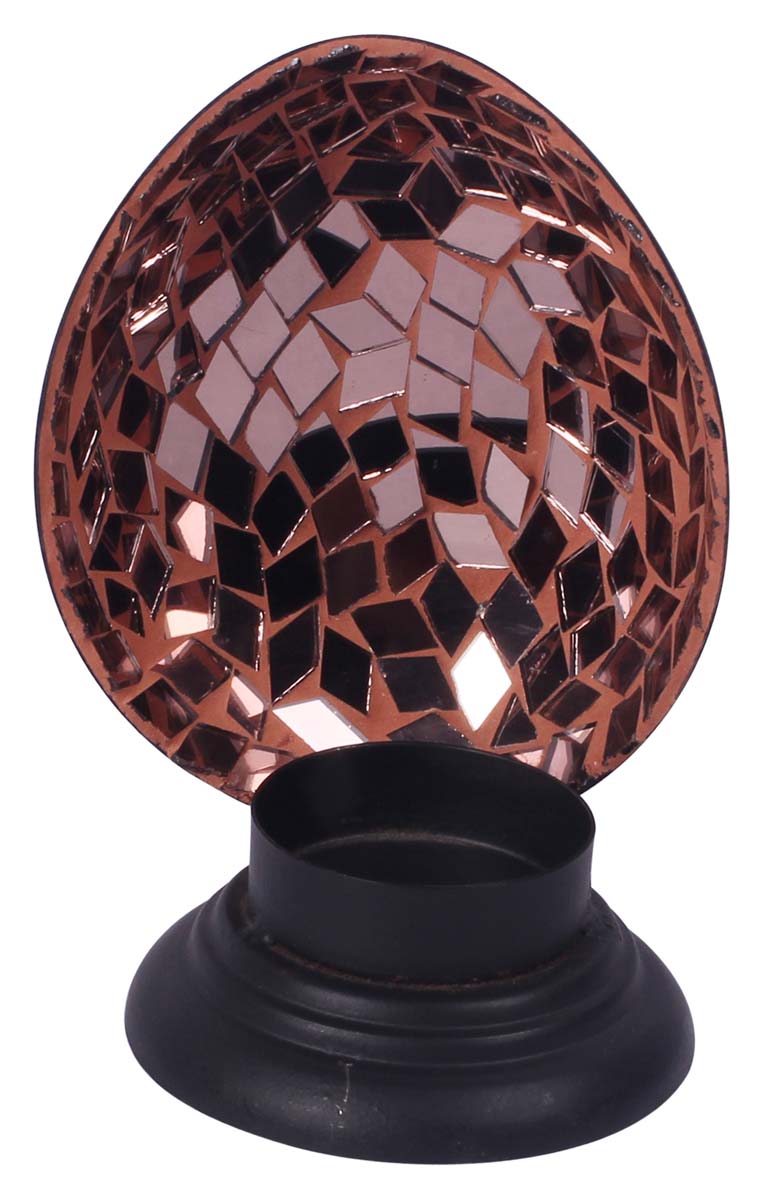 5” Egg-Shell Tea-Light Holder in Iron with Mirror-Work - Black & Copper Color - Mosaic Art Decor from India - Buy in Bulk Wholesale